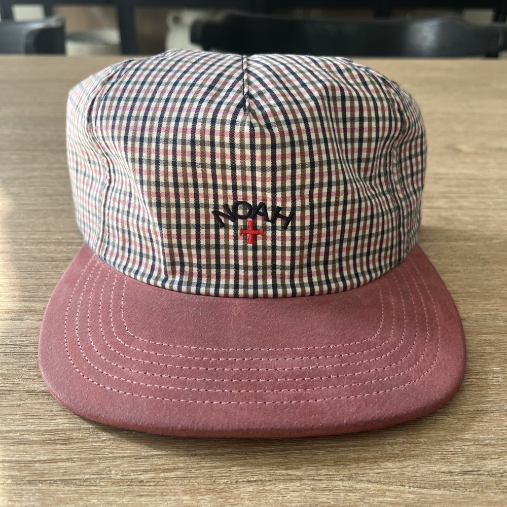 Noah NYC Embroidered Logo Plaid Snapback Hat Pink Brown Suede Brim Cap
